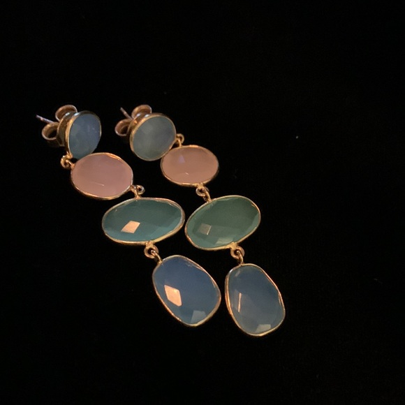 Beautiful Gemstone Dangle Earrings.  Gold four stone dangle earrings. - Picture 3 of 7